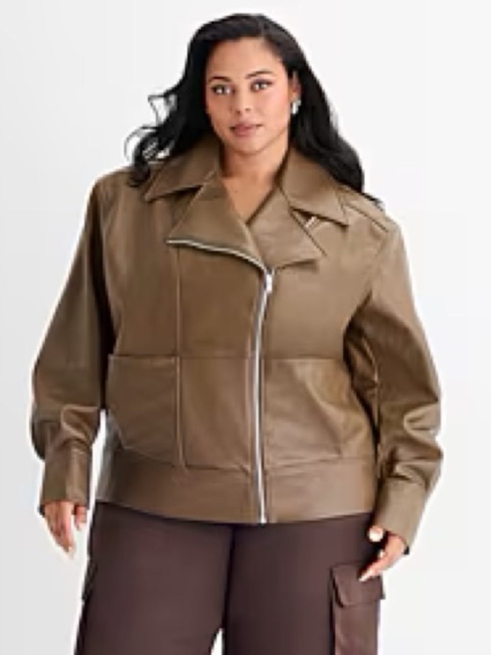 Ashley Graham Faux Leather Coat - Earth Tone